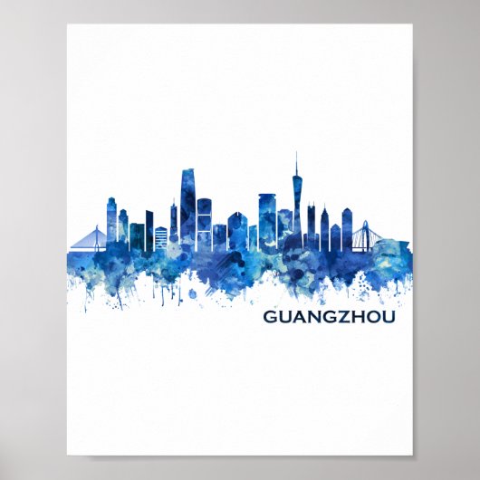 Poster Canton Chine Skyline bleu (Devant)