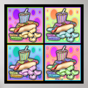 Poster, Canvas - Pop Art Hot Dog met chips en een Poster