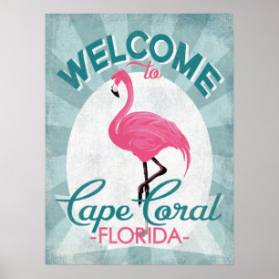 Poster Cape Coral Florida Flamant rose rose Retro