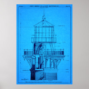 POSTER CAPE HATTERAS LIGHTHOUSE BLUEPRINT 1869