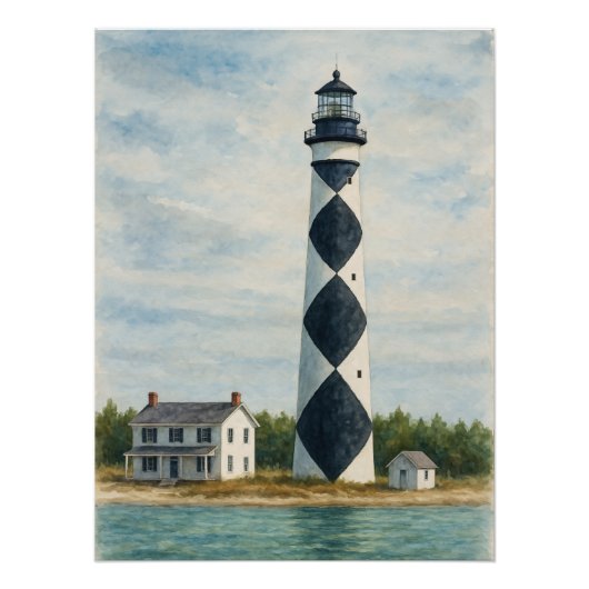 Poster Cape Lookout Lighthouse Watercolor (Devant)