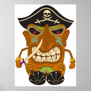 Poster Capitaine Pirate, Statue Tiki en Bois, Drôle