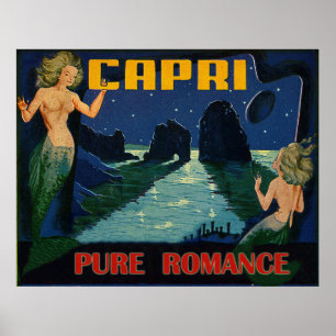 Poster Capri, romantisme pur, sirènes la nuit, vintage
