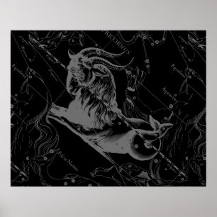 Poster Capricorne Constellation Hevelius 1690 sur Noir