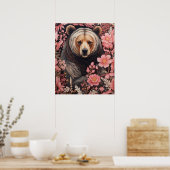 Poster Captivant Brown Ours Gaze Fleurs roses (Cuisine)