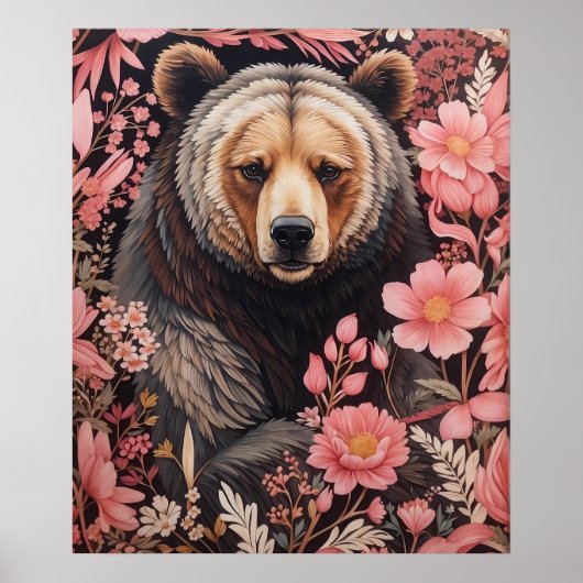Poster Captivant Brown Ours Gaze Fleurs roses (Devant)