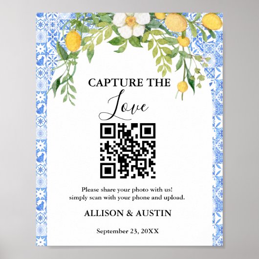 Poster Capture amour QR code Bleu tuile et citron mariage (Devant)