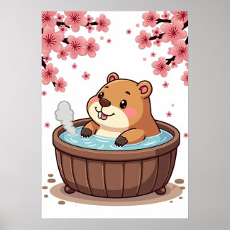 Poster Capybara Bain à Remous Relaxation Kawaii Autocolla
