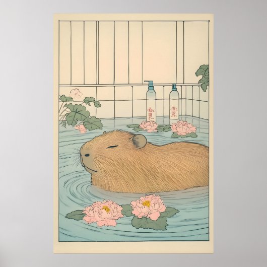 Poster Capybara Bath Print Japanese Ukiyo-e Animal Art (Devant)