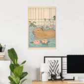 Poster Capybara Bath Print Japanese Ukiyo-e Animal Art (Bureau à domicile)