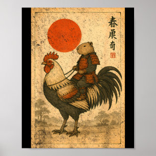 Poster Capybara coq samouraï japonais vintage Poule