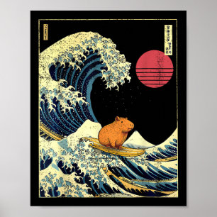 Poster Capybara japonais vague de Kanagawa drôle de surf
