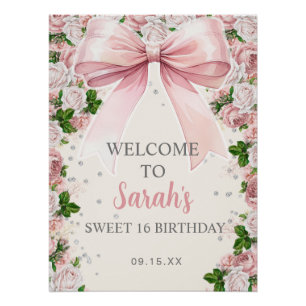 Poster Caracoquet à ruban rose floral vintage Sweet 16