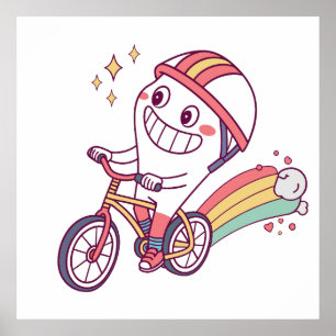 Poster Caractère joyeux de dessin sur vélo avec arc-en-ci