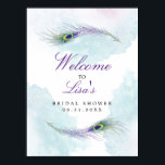 Poster Caractéristique personnalisée de la plume de paque<br><div class="desc">Panneau personnalisé Peacock Feather. Ce panneau d'accueil simple et élégant est créé avec des plumes de paon colorées et une texture aquarelle. L'arrière - plan du design est blanc,  mais il peut être changé en n'importe quelle couleur.</div>