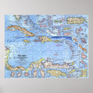 Poster " Caraïbes : 1962/aujourd'hui - carte des Antilles