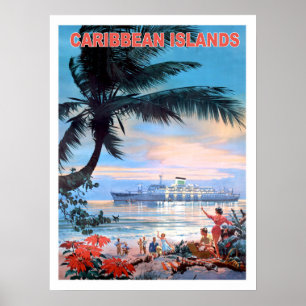 Poster Caraïbes, bateau de croisière, voyage vintage
