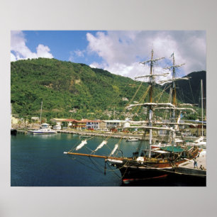 Poster Caraïbes, Sainte-Lucie, Soufrière. Bateaux en