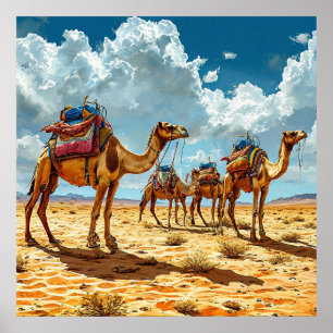 Poster Caravane de chameaux du désert au coucher du solei