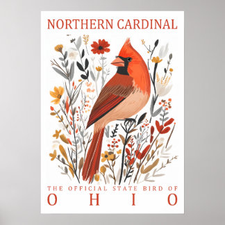 Poster Cardinal boréal de l'Ohio, oiseau de l'État, illus