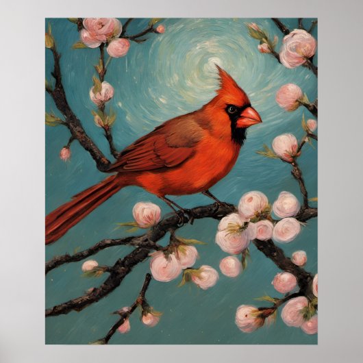Poster Cardinal dans un amandier en fleurs (Devant)