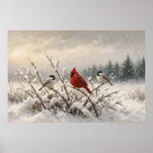 Cardinal et mésanges de la compagnie d'hiver