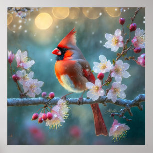 Poster Cardinal mâle au clair de lune Cerisiers en fleurs