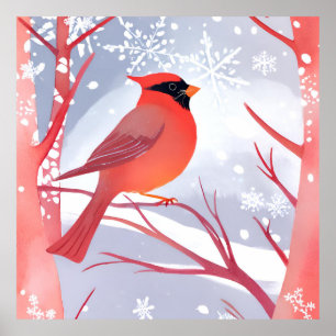 Poster Cardinal rouge   Belle aquarelle peinture