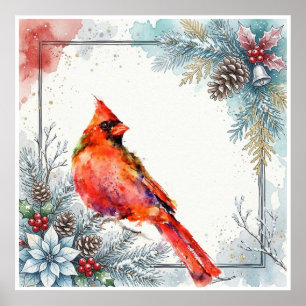 Poster Cardinal rouge oiseau pointsettia baies d'hiver ve