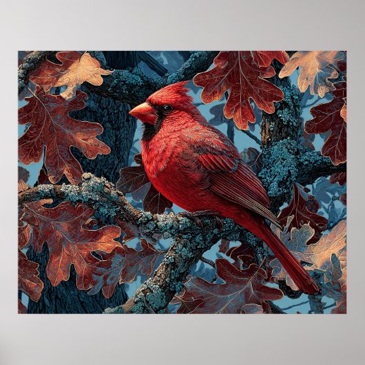 Poster Cardinal rouge perché sur une branche (Devant)
