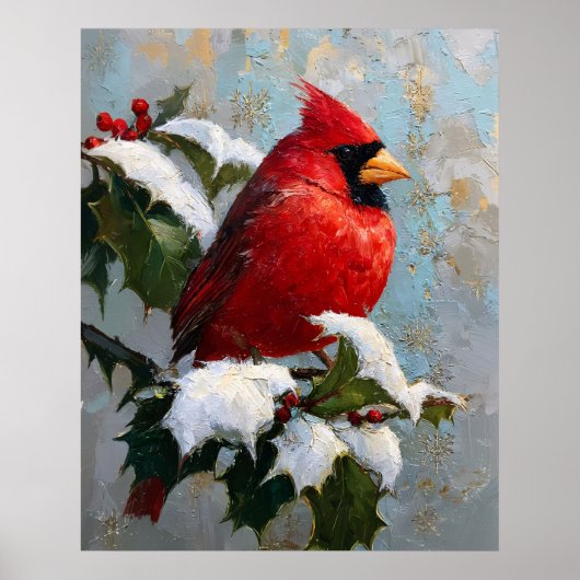 Poster Cardinal rouge sur houx enneigé (Devant)