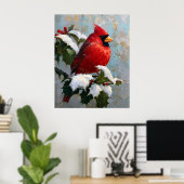 Poster Cardinal rouge sur houx enneigé (Bureau à domicile)