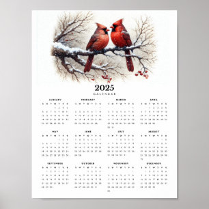 Poster Cardinaux assis sur la branche neige 2025 Calendri