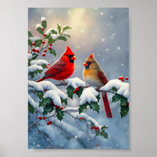Poster Cardinaux rouges et houx dans la neige