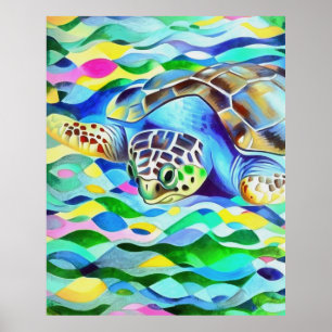 Poster Caretta Caretta Tortue Mignonne Et Art Coloré