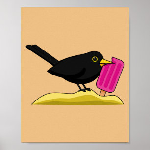 Poster Caricature Blackbird Manger Une Crème De Glace