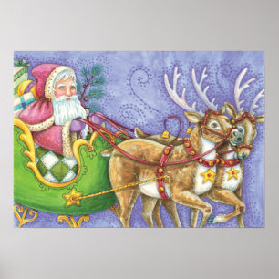 Poster Caricature de Noël Santa Claus Sleigh Reindeer