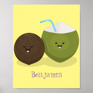 Poster Caricature de noix de coco kawaii joyeux