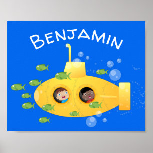 Poster Caricature de poisson sous-marin jaune mignon