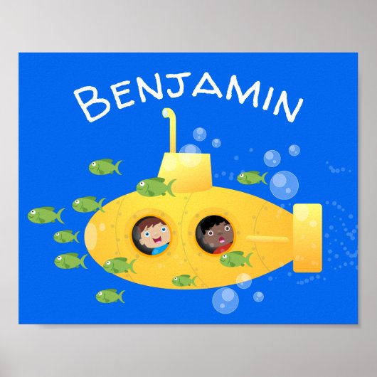 Poster Caricature de poisson sous-marin jaune mignon (Devant)