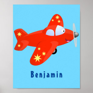 Poster Caricature de vol d'avion rouge mignon