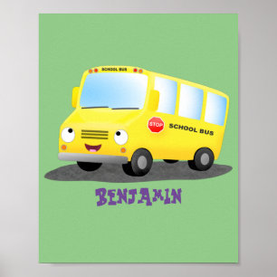 Poster Caricature du bus scolaire jaune joyeux