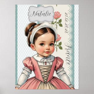 Poster Caricature Girl dressed up  in Vintage French 