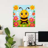 Poster Caricature joyeuse abeille entourée de fleurs vive (Bureau à domicile)