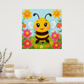 Poster Caricature joyeuse abeille entourée de fleurs vive (Cuisine)