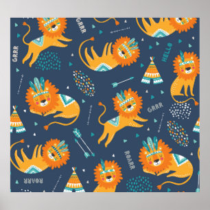 Poster Caricature Lions Tribal Motif sans couture