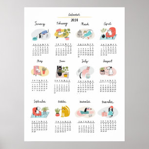 Poster Caricature mignonne Chats et Chiens 2024 Calendrie