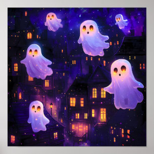 Poster Caricature mignonne Halloween Fantômes de vol de m