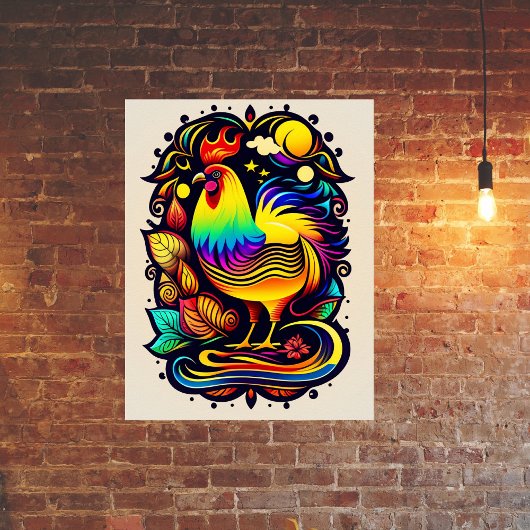 Poster Caricature Whimsical Yellow Rooster