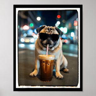 Poster Carlin buvant du café glacé animal chien mème